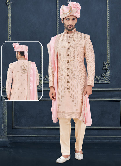 Silk Peach Groom Wear Hand Work Readymade Sherwani 370310