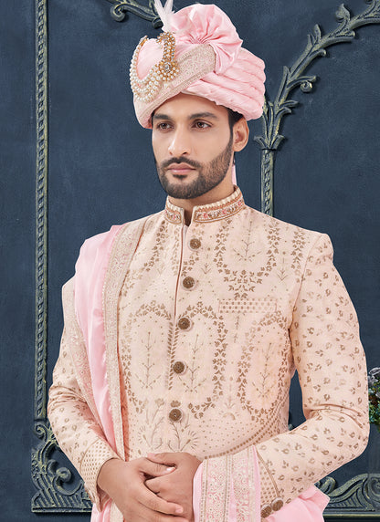 Silk Peach Groom Wear Hand Work Readymade Sherwani 370310