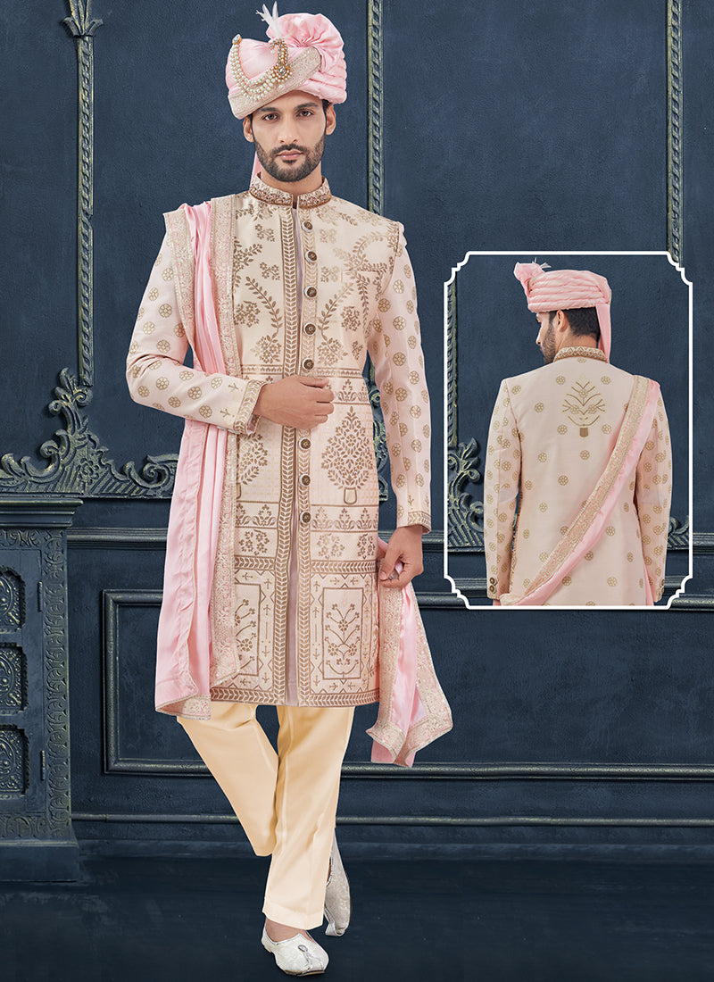 Silk Light Pink Groom Wear Hand Work Readymade Sherwani 370311
