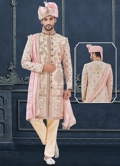 Silk Light Pink Groom Wear Hand Work Readymade Sherwani 370311