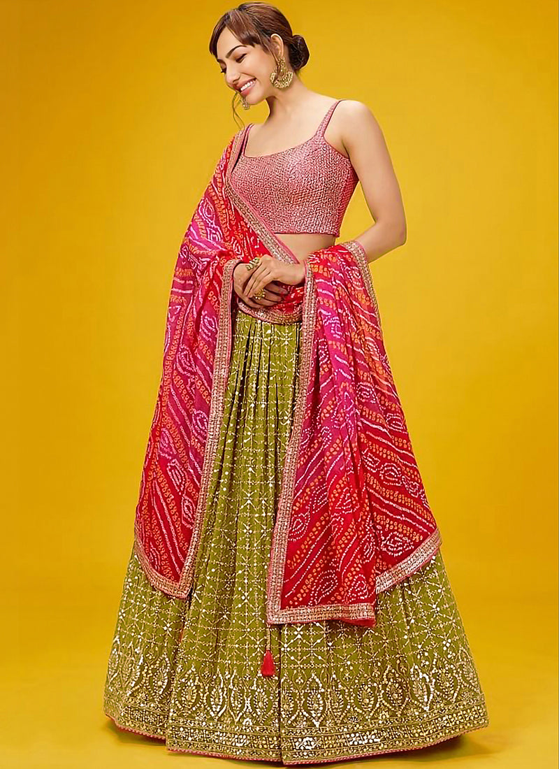 Georgette Olive Lehenga Choli with Embroidery Work for Designer Wear