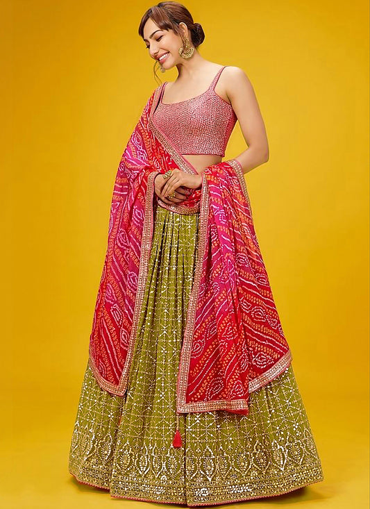Georgette Olive Lehenga Choli with Embroidery Work for Designer Wear