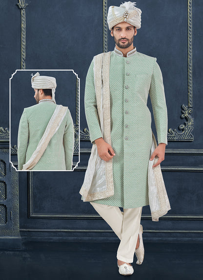 Silk Sky Blue Groom Wear Hand Work Readymade Sherwani 370312