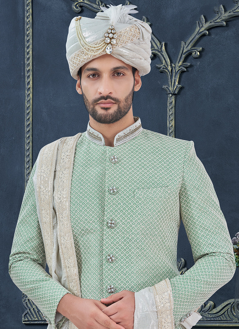 Silk Sky Blue Groom Wear Hand Work Readymade Sherwani 370312