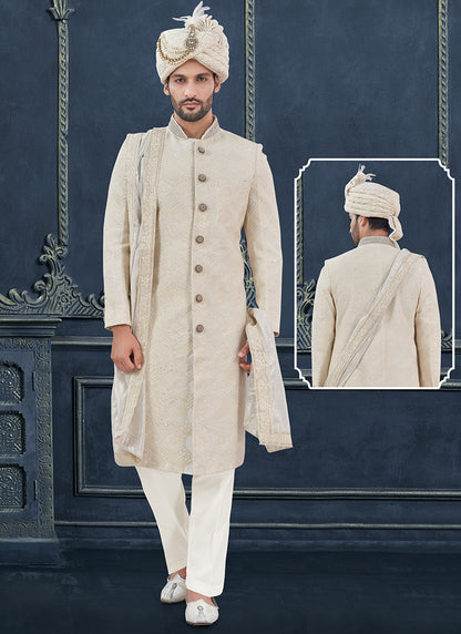 Georgette Off White Groom Wear Hand Work Readymade Sherwani 370313