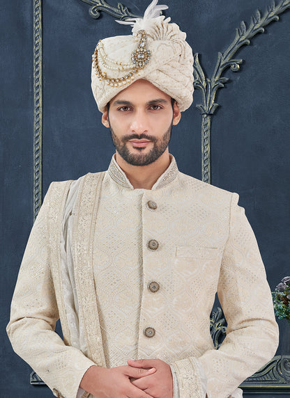 Georgette Off White Groom Wear Hand Work Readymade Sherwani 370313