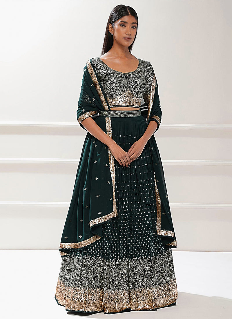 Georgette Dark Green Lehenga Choli with Embroidery Work for Designer Wear