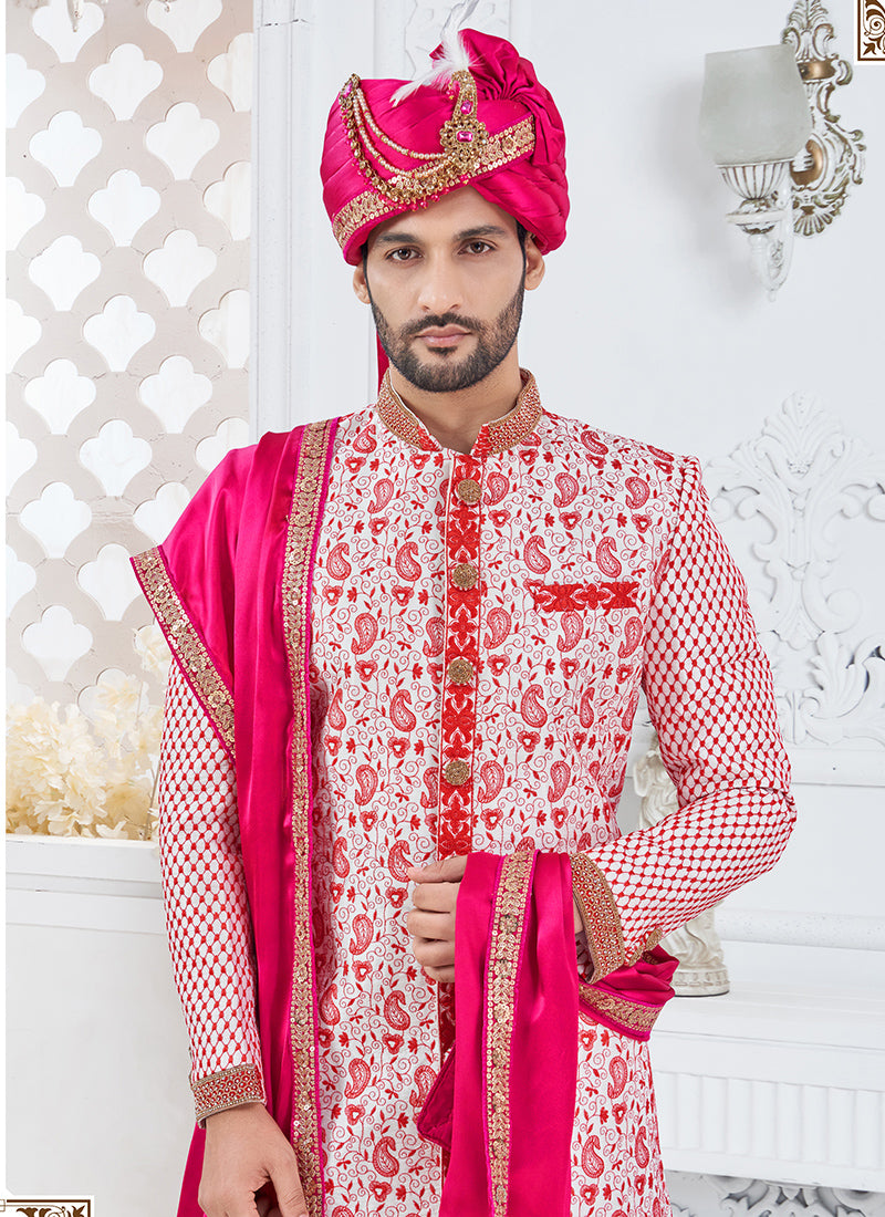Silk Multi Color Groom Wear Hand Work Readymade Sherwani 370314