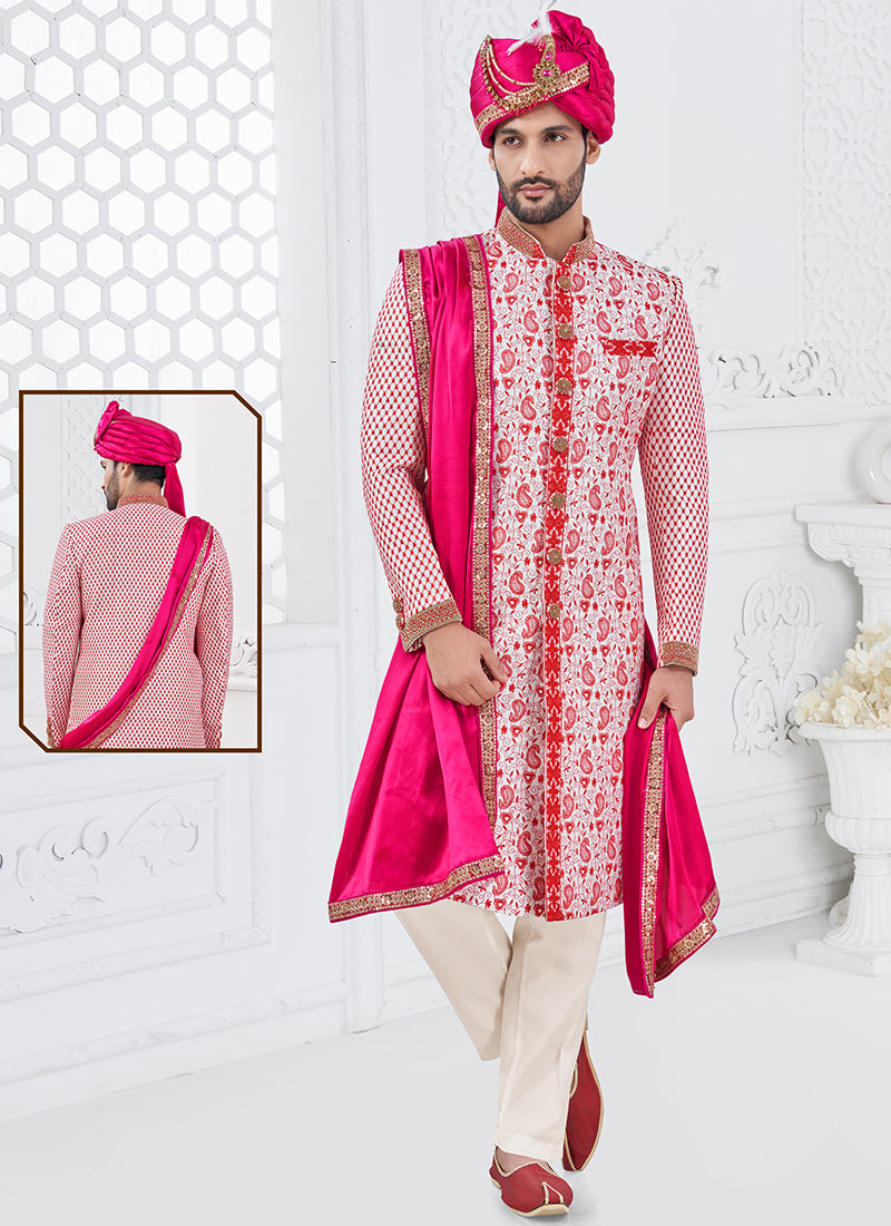 Silk Multi Color Groom Wear Hand Work Readymade Sherwani 370314