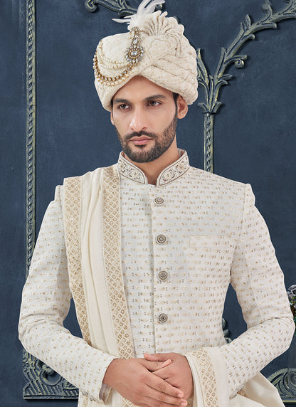 Georgette White Groom Wear Hand Work Readymade Sherwani 370315