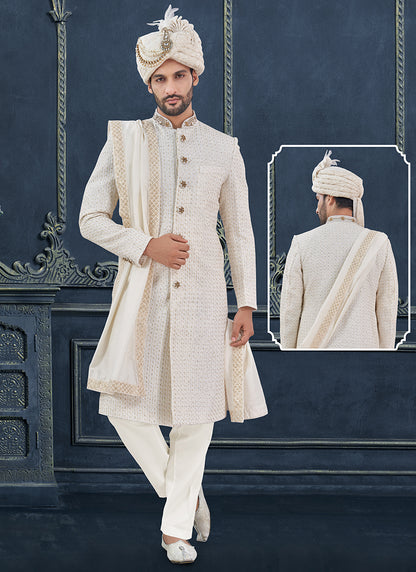 Georgette White Groom Wear Hand Work Readymade Sherwani 370316