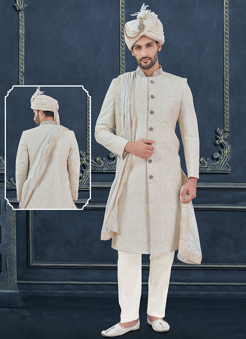 Georgette Off White Groom Wear Hand Work Readymade Sherwani 370317
