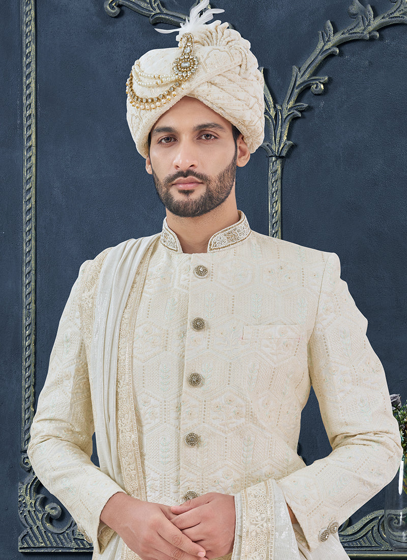 Georgette Off White Groom Wear Hand Work Readymade Sherwani 370317