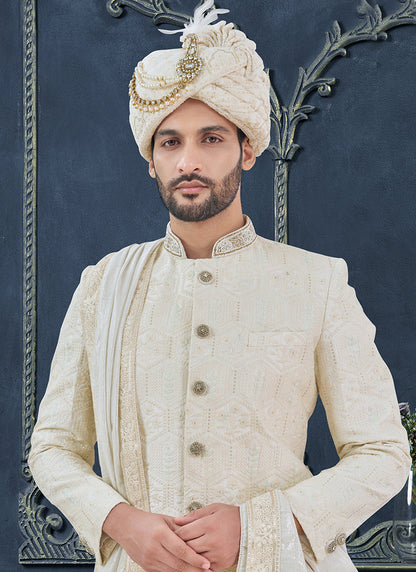 Georgette Off White Groom Wear Hand Work Readymade Sherwani 370317
