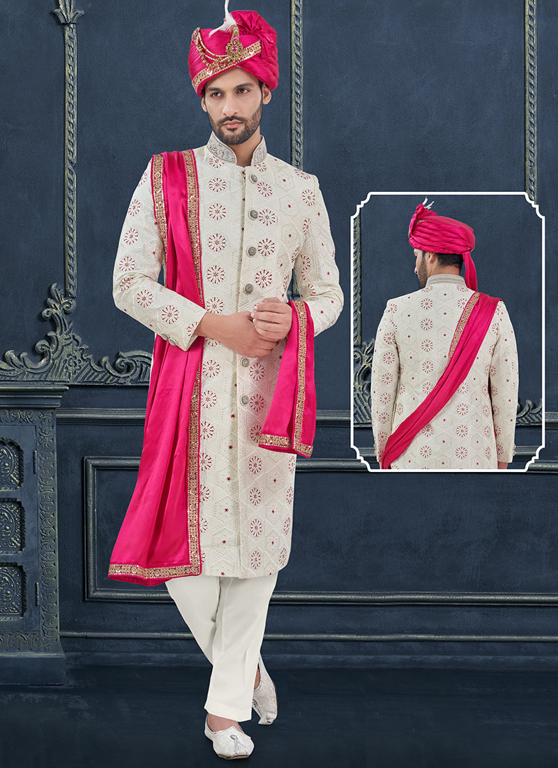 Georgette Off White Groom Wear Hand Work Readymade Sherwani 370318