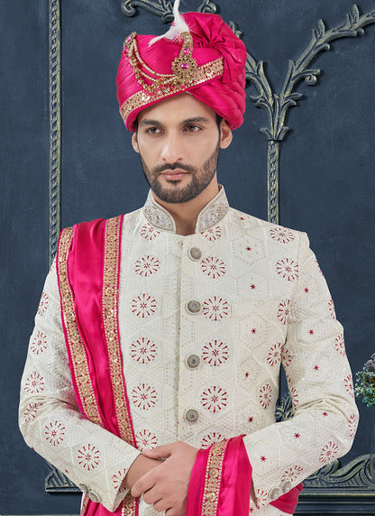 Georgette Off White Groom Wear Hand Work Readymade Sherwani 370318
