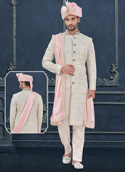 Georgette Off White Groom Wear Hand Work Readymade Sherwani 370319