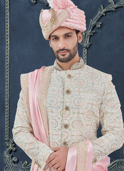 Georgette Off White Groom Wear Hand Work Readymade Sherwani 370319