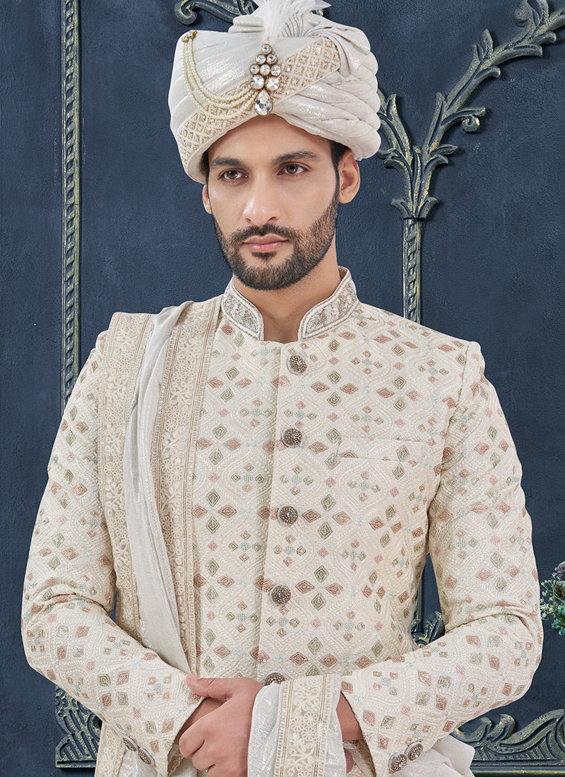 Silk Light Cream Groom Wear Hand Work Readymade Sherwani 370321