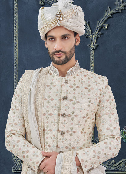 Silk Light Cream Groom Wear Hand Work Readymade Sherwani 370321
