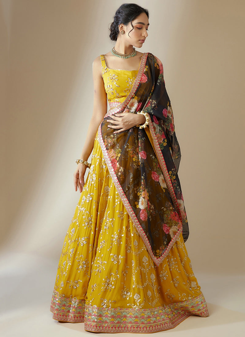 Georgette Yellow Lehenga Choli with Embroidery Work for Designer Wear