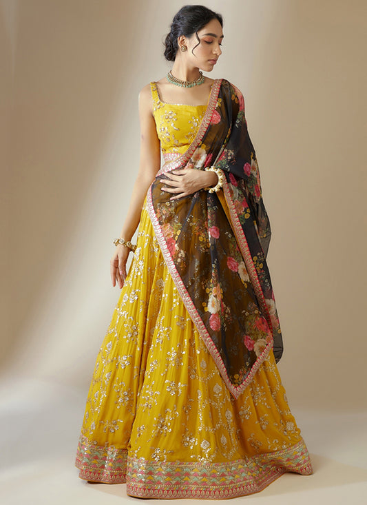 Georgette Yellow Lehenga Choli with Embroidery Work for Designer Wear