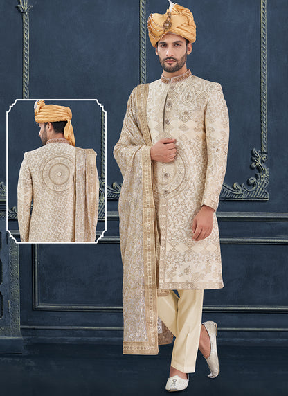 Jacquard Cotton Silk Cream Groom Wear Hand Work Readymade Sherwani 370322