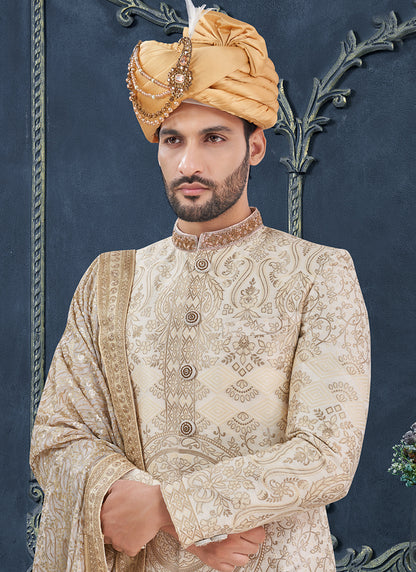 Jacquard Cotton Silk Cream Groom Wear Hand Work Readymade Sherwani 370322