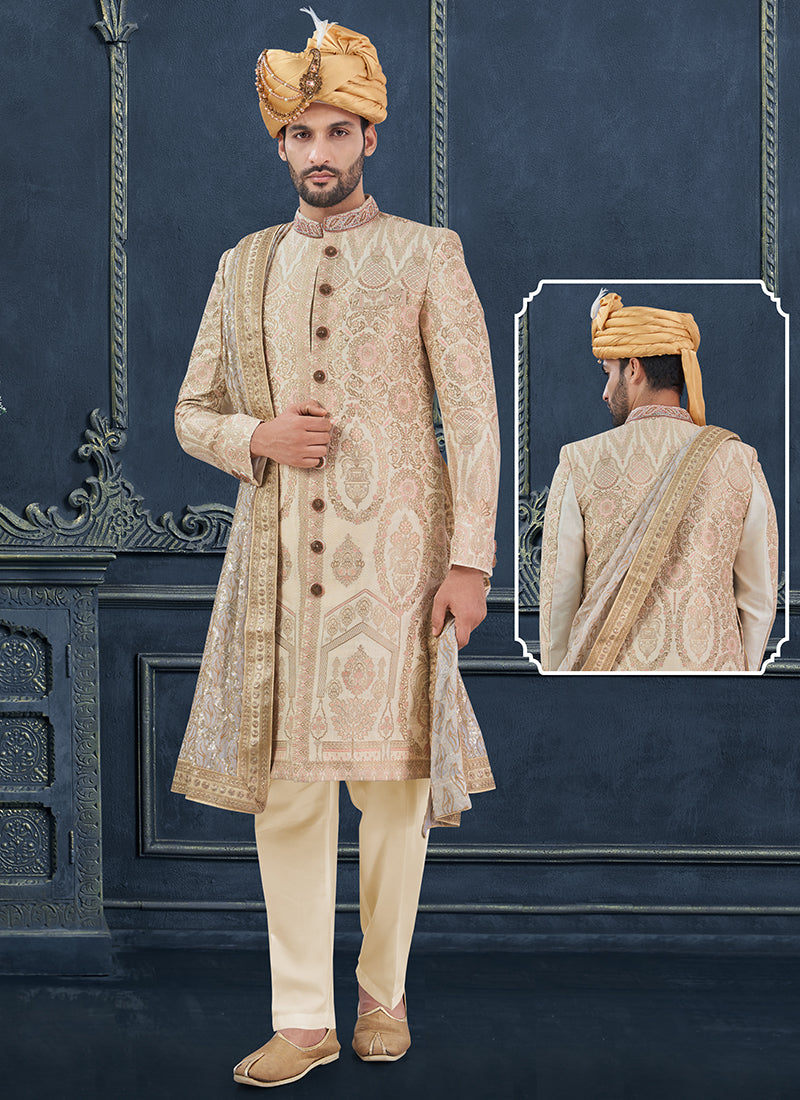 Jacquard Cotton Silk Cream Groom Wear Hand Work Readymade Sherwani 370323