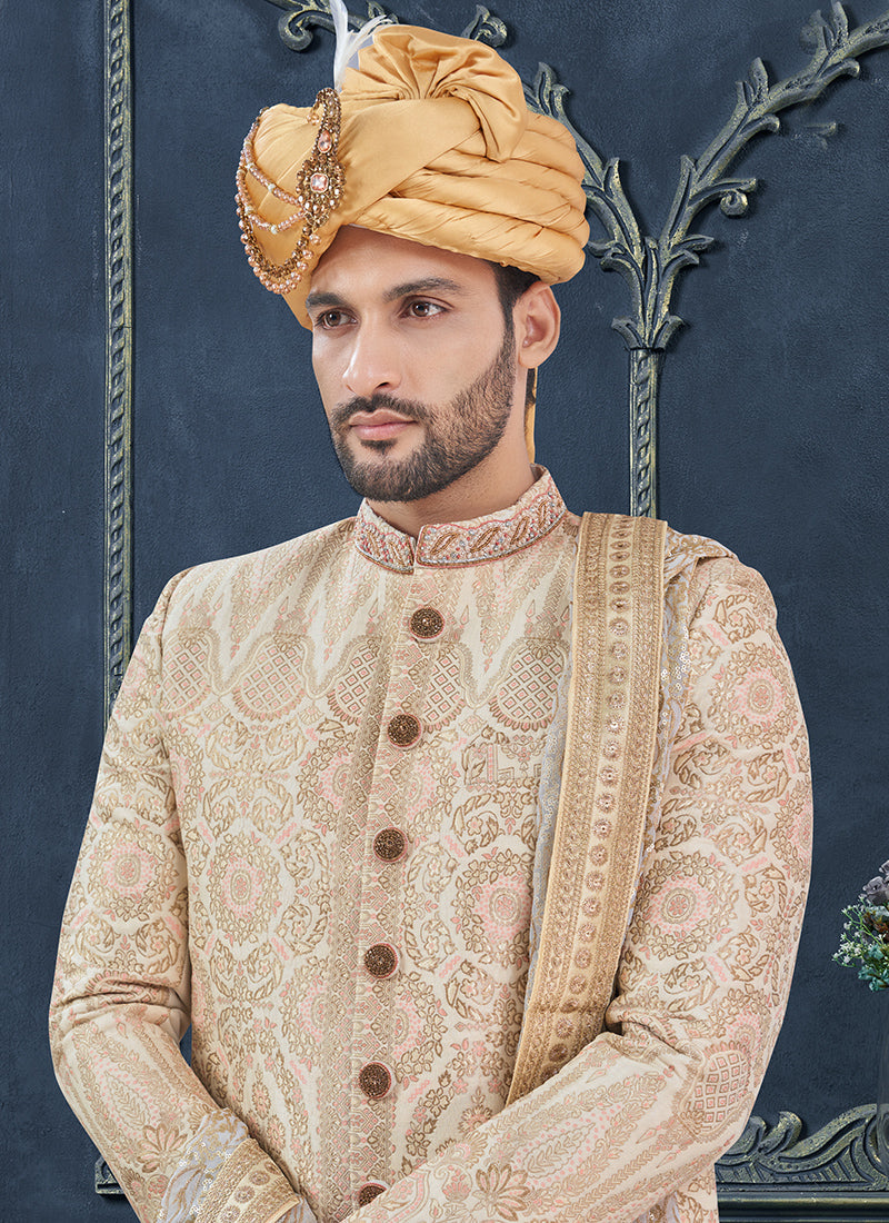Jacquard Cotton Silk Cream Groom Wear Hand Work Readymade Sherwani 370323
