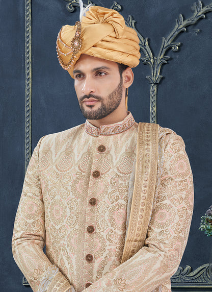 Jacquard Cotton Silk Cream Groom Wear Hand Work Readymade Sherwani 370323