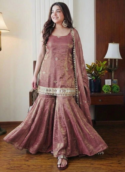 Brown Fendy Silk Embroidery Work Occasional Wear Readymade Sharara Suit SW512133