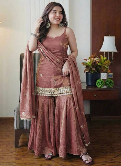 Brown Fendy Silk Embroidery Work Occasional Wear Readymade Sharara Suit SW512133