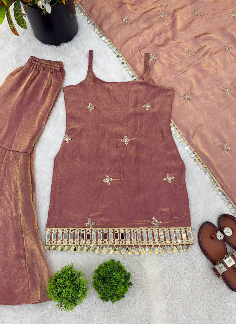 Brown Fendy Silk Embroidery Work Occasional Wear Readymade Sharara Suit SW512133