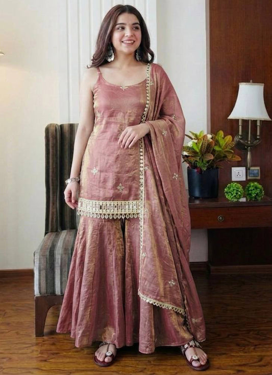 Brown Fendy Silk Embroidery Work Occasional Wear Readymade Sharara Suit SW512133