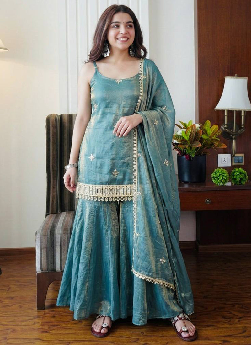 Sky Blue Fendy Silk Embroidery Work Occasional Wear Readymade Sharara Suit SW607269