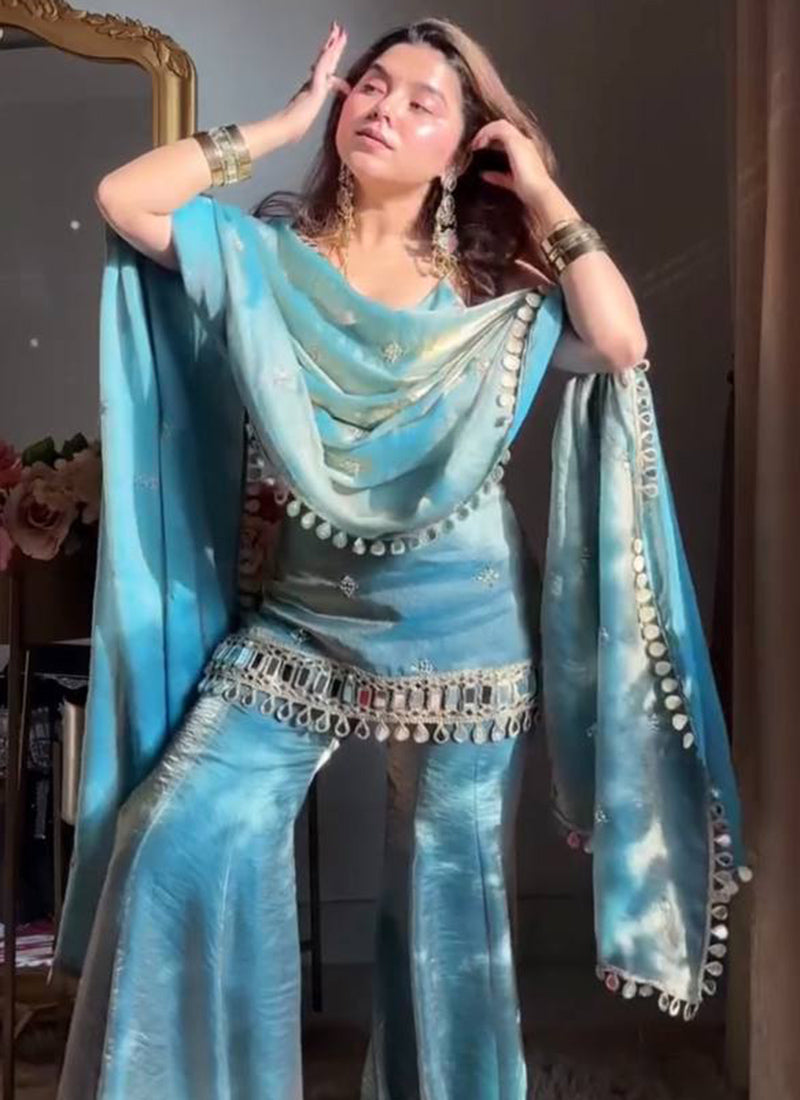 Sky Blue Fendy Silk Embroidery Work Occasional Wear Readymade Sharara Suit SW607269