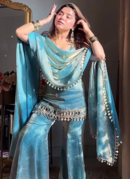 Sky Blue Fendy Silk Embroidery Work Occasional Wear Readymade Sharara Suit SW607269
