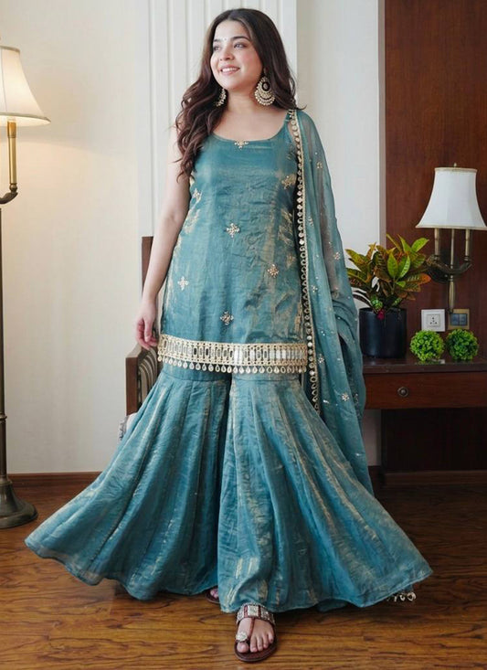 Sky Blue Fendy Silk Embroidery Work Occasional Wear Readymade Sharara Suit SW607269