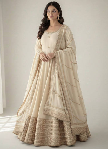 Cream Chinon Silk Embroidery Work Festival Wear Readymade Gown SW702739