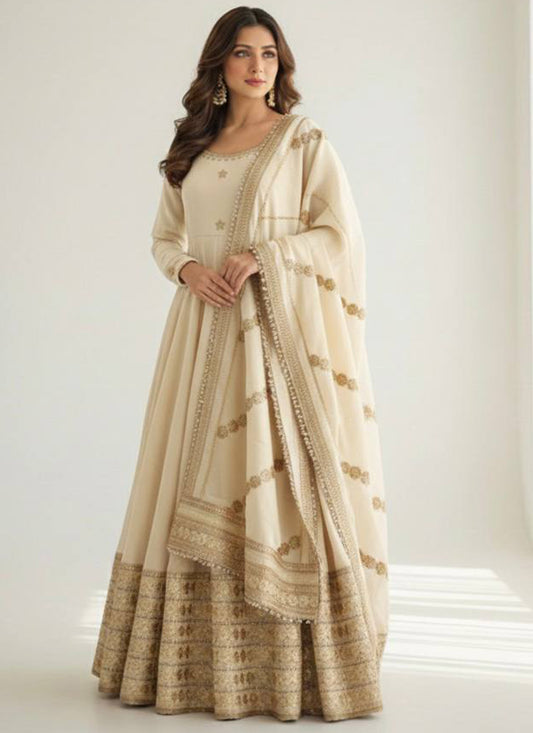 Cream Chinon Silk Embroidery Work Festival Wear Readymade Gown SW702739