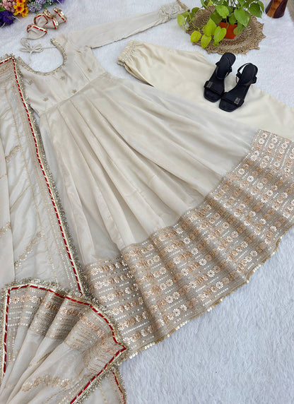 Cream Chinon Silk Embroidery Work Festival Wear Readymade Gown SW702739