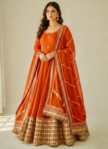 Orange  Chinon Silk Embroidery Work Festival Wear Readymade Gown SW482878