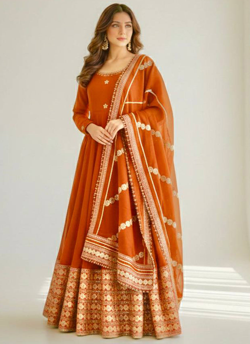 Orange  Chinon Silk Embroidery Work Festival Wear Readymade Gown SW482878