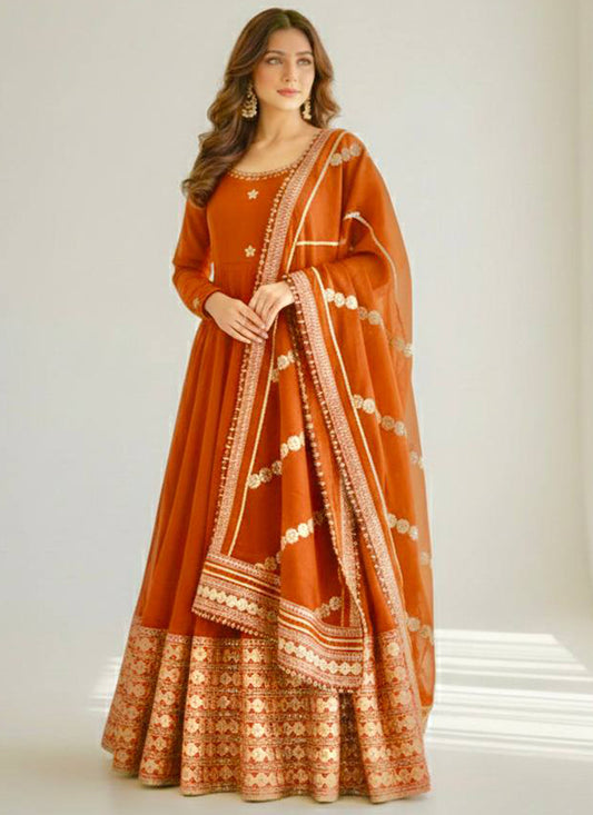 Orange  Chinon Silk Embroidery Work Festival Wear Readymade Gown SW482878
