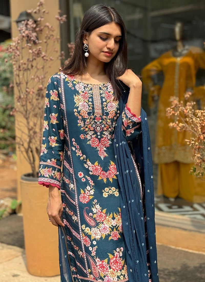 Rayon Blue Festival Wear Printed Work Readymade Plazzo Suit 387192