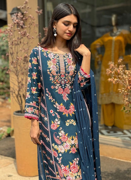 Rayon Blue Festival Wear Printed Work Readymade Plazzo Suit 387192