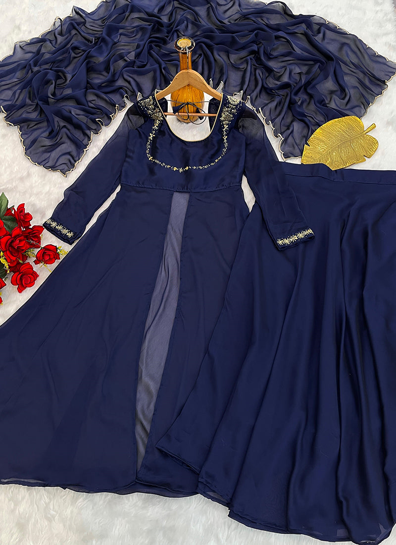 Silk Navy Blue Party Wear Embroidery Work Readymade Western Suit 386900