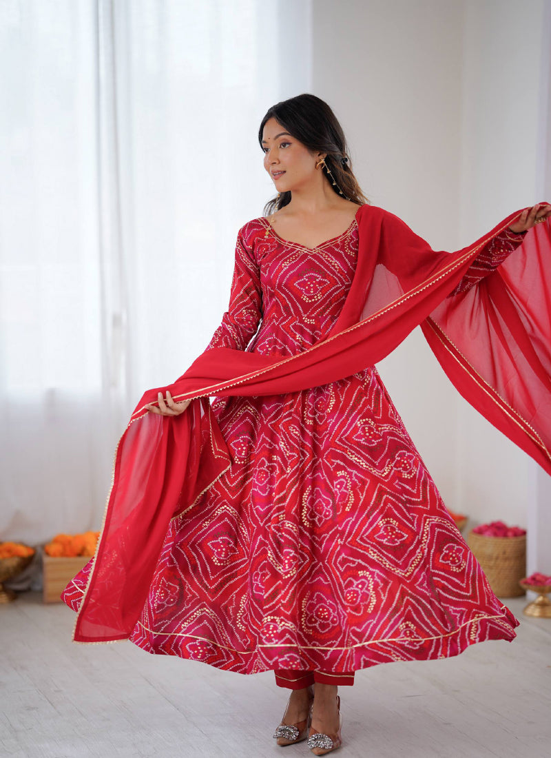 Viscose Rayon Red Festival Wear Bandhani Print Readymade Anarkali Gown 385968