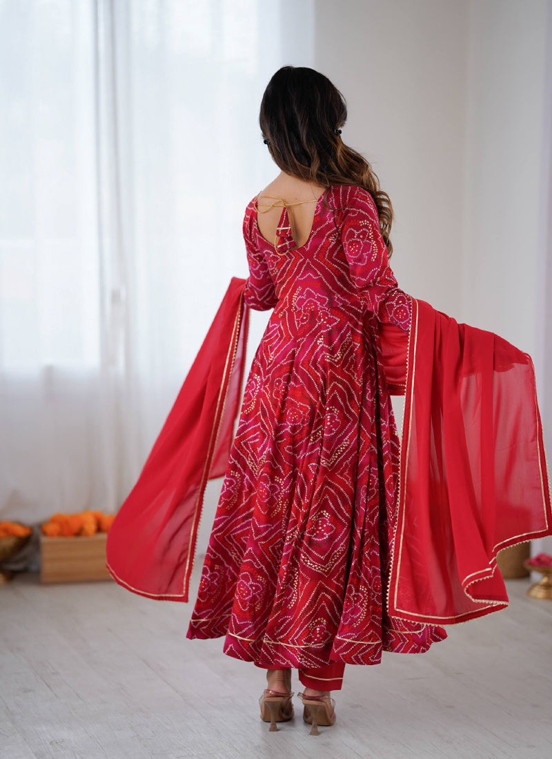 Viscose Rayon Red Festival Wear Bandhani Print Readymade Anarkali Gown 385968